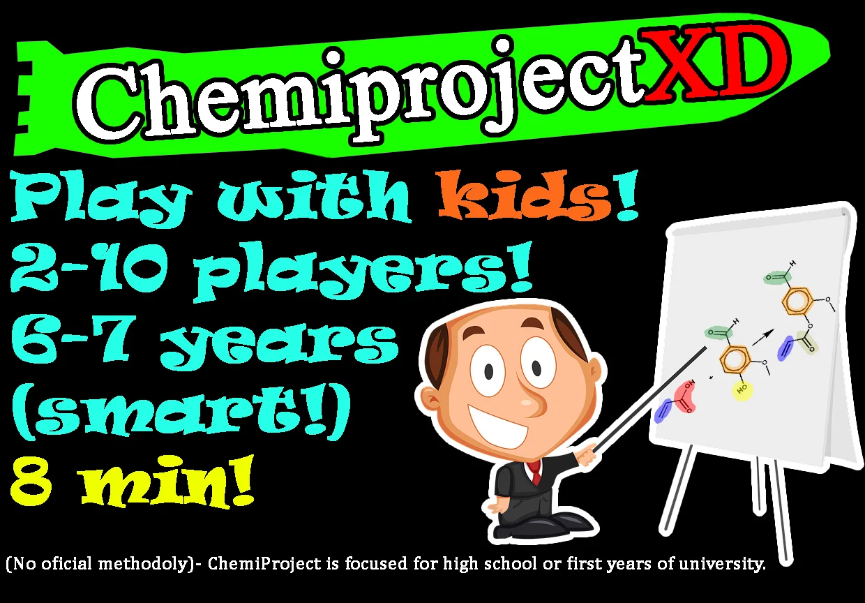 Multiple ChemiProject games displayed for 2 to 10 players, designed for children ages 6 or 7. Each game lasts approximately 8 minutes, making it perfect for quick, engaging play sessions.